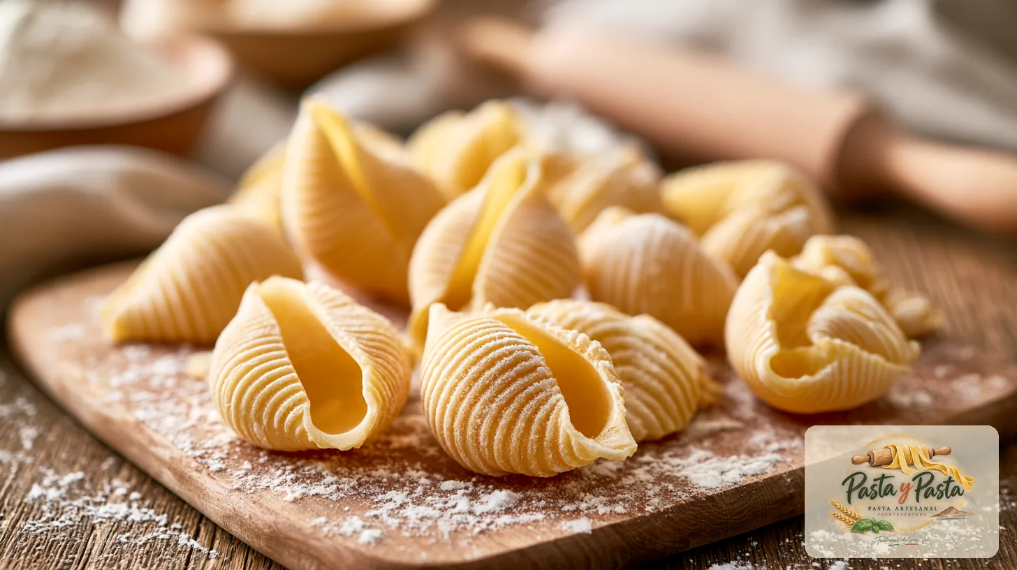 Conchiglioni fresca artigianale su tagliere in legno
