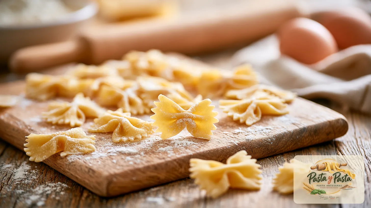 Farfalle fresca artigianale su tagliere in legno