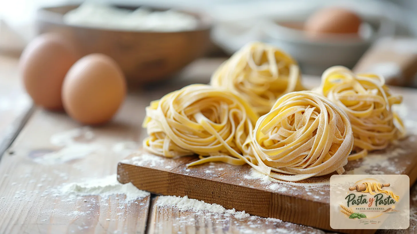Fettuccine fresca artigianale su tagliere in legno