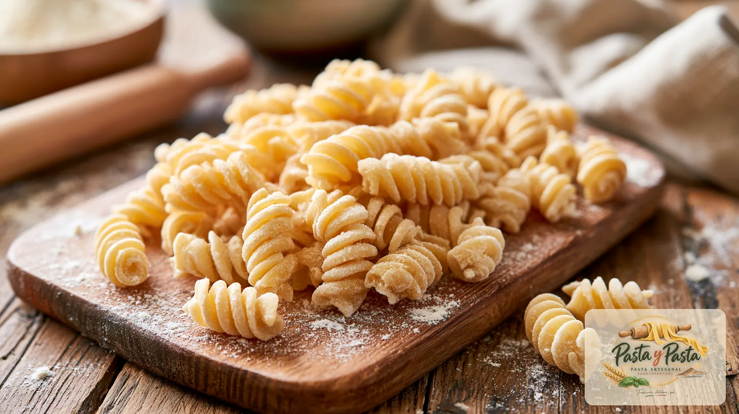 Fusilli freschi fresca artigianale su tagliere in legno