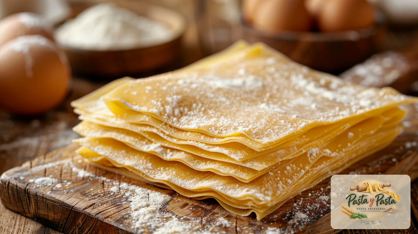 Lasagne fresche fresca artigianale su tagliere in legno