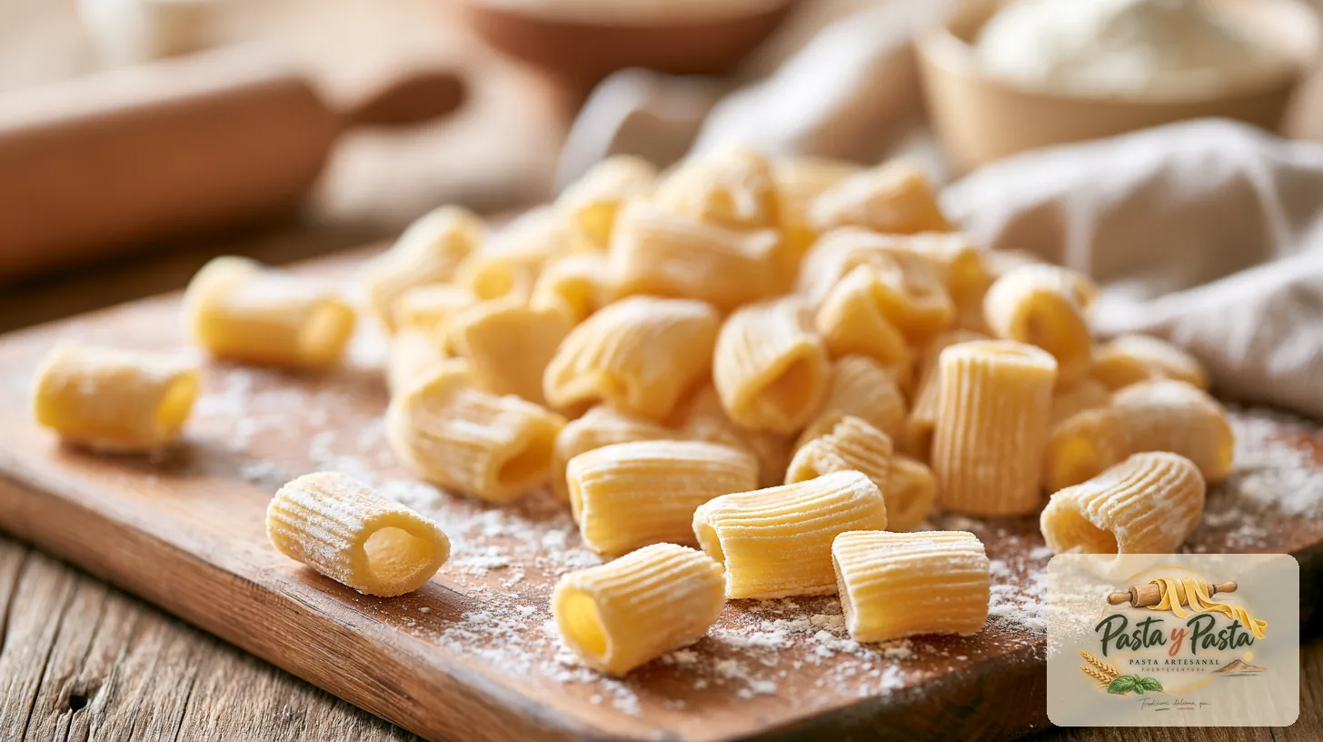 Maccheroni fresca artigianale su tagliere in legno