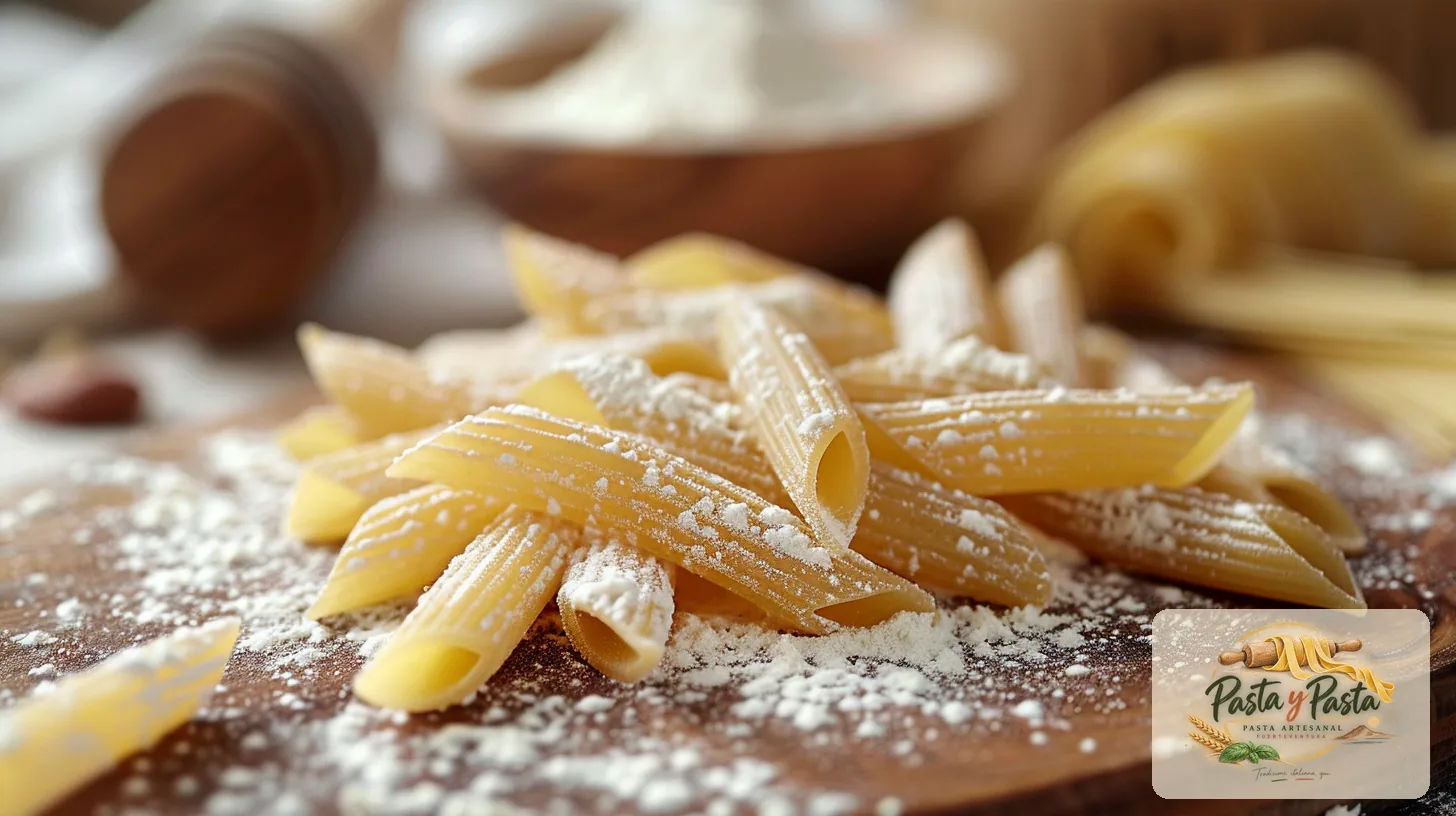 Penne fresca artigianale su tagliere in legno