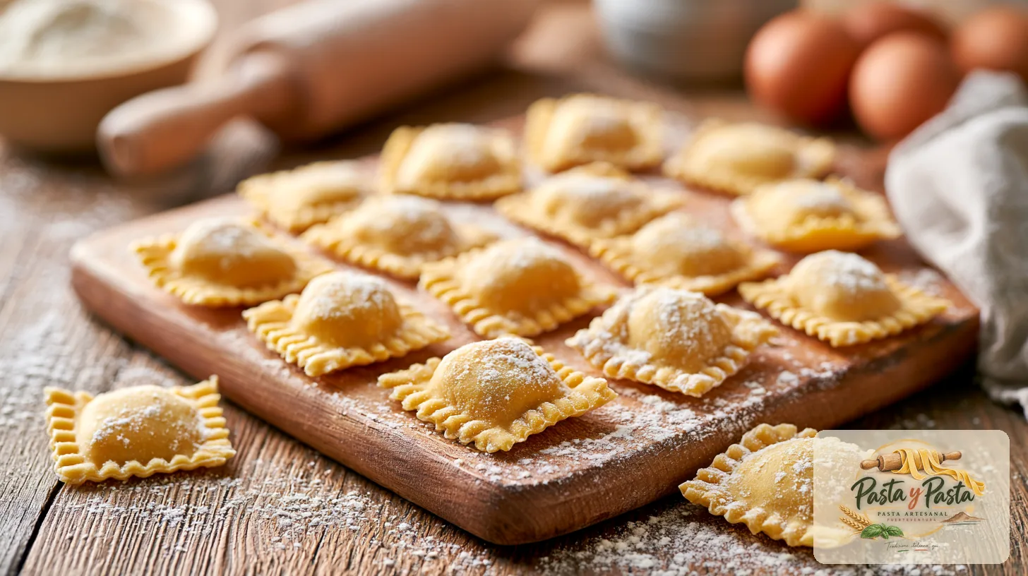 Ravioli fresca artigianale su tagliere in legno