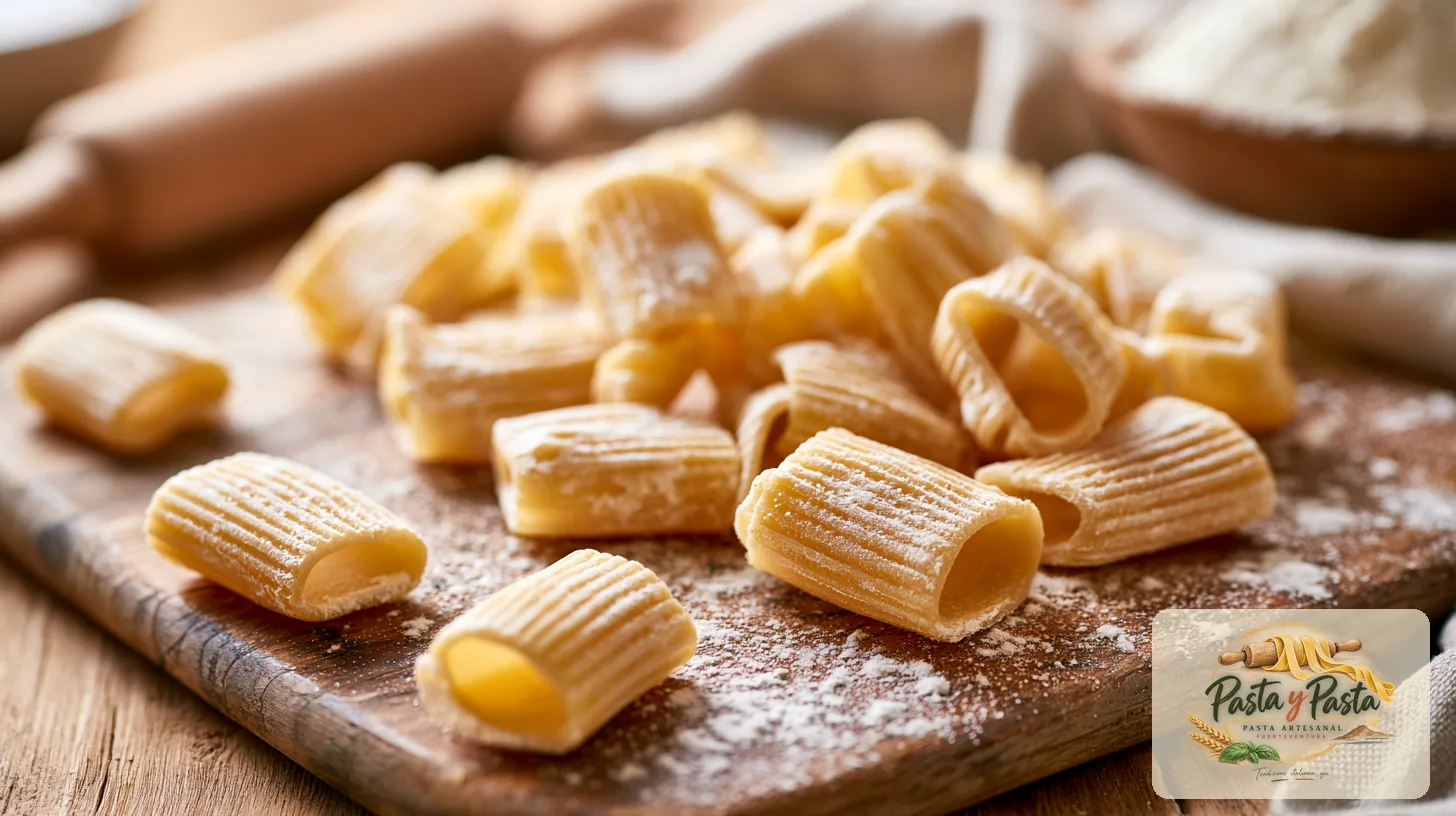 Rigatoni fresca artigianale su tagliere in legno