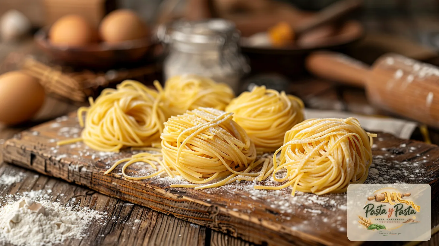 Spaghetti alla chitarra fresca artigianale su tagliere in legno