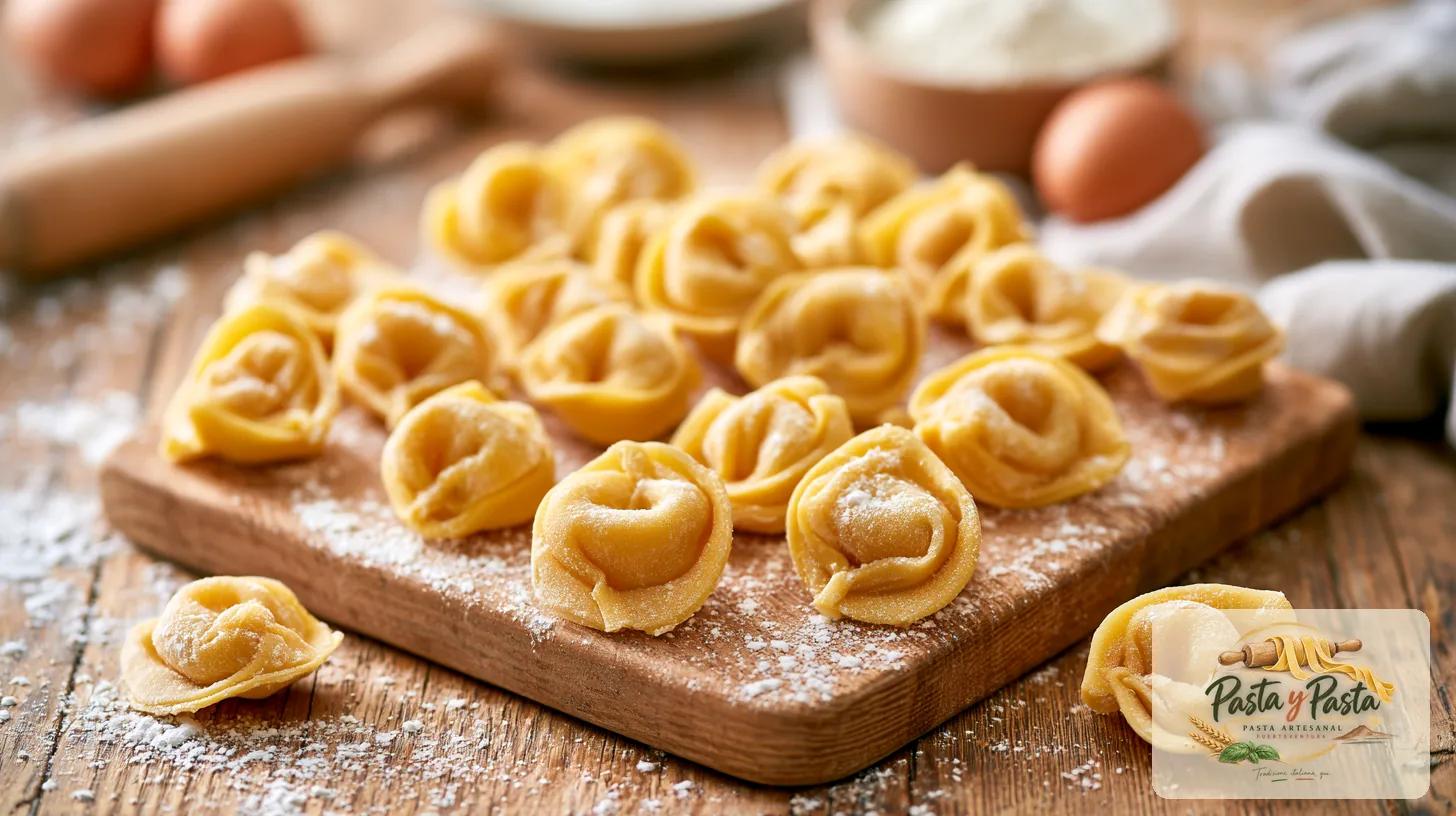 Tortelloni fresca artigianale su tagliere in legno